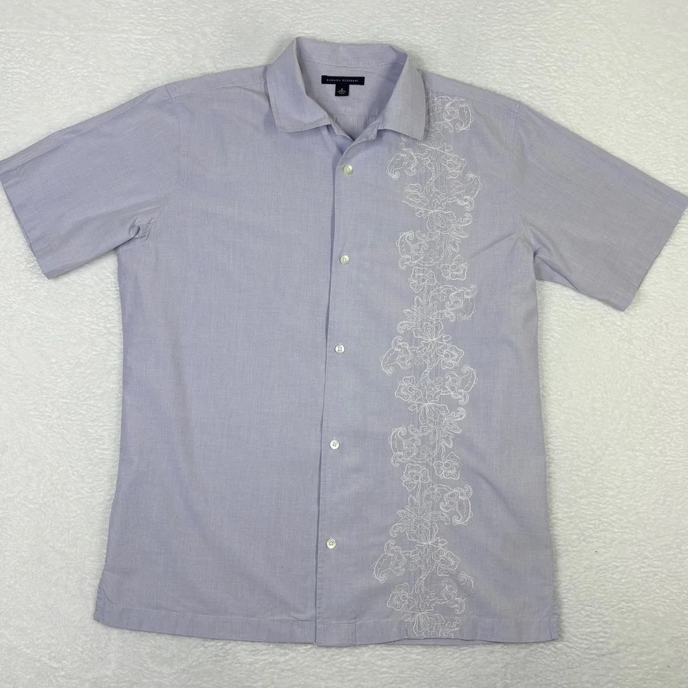Banana Republic‎ Mens Short Sleeve Button Shirt Blue Floral Embroidery Small